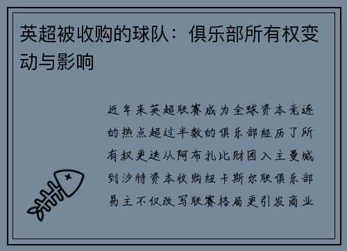 英超被收购的球队：俱乐部所有权变动与影响